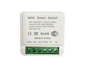 V-TAC MINI Smart Switch med WiFi, CE, FCC, RoHS mærkninger og tilslutningsterminaler.