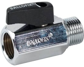 Broen BALLOFIX kuglehane i krom, 1/4" med muffe og nippel gevind og sort håndtag.