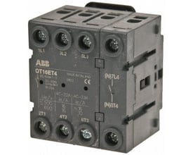 ABB lastafbryder OT16ET4, 25A, 4-polet, viser mærkning for spænding og strøm samt skrue terminaler.