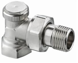 Nærbillede af IMI TA TRIM vinkelløbende returkobling, der viser 1/2 tommer gevind og afspærringsmekanisme.