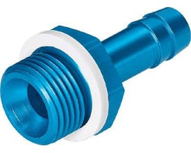 Festo slangenippel N-3/8-P-9 i blå anodiseret aluminium med en 3/8" gevind og 7,6 mm slangetilslutning.