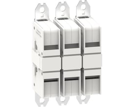 Schneider Electric kontaktsæt til 3-polet 265-330A TeSys Giga kontaktorer, vist forfra i hvid plast med metalmonteringsbeslag.
