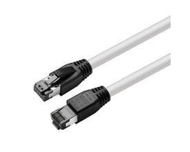 MicroConnect CAT8.1 S/FTP-netværkskabel på 1,5 meter i hvid med begge sorte netværksstik synlige.