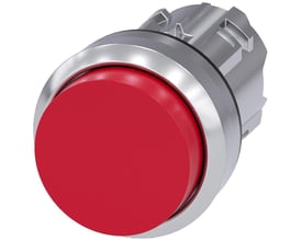 Siemens 22mm rund trykknap i metal med hævet, rød knap, vist fra siden på hvid baggrund.