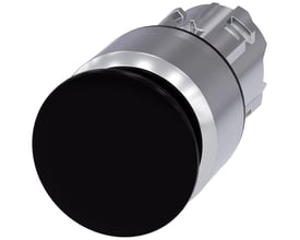 Siemens SIRIUS ACT paddetrykknap i sort metal med 30mm aktuatordiameter og 22mm monteringshul på hvid baggrund.