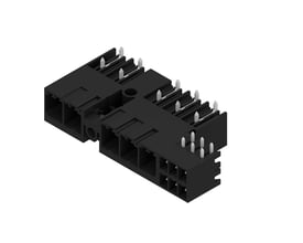 Weidmüller hybridstik til printkort med fem poler og 7,62 mm afstand, set skråt ovenfra med synlige kontaktstifter.