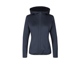 ID Identity navy dame cardigan i størrelse S med hætte og lynlås, lavet af behageligt stretch materiale.