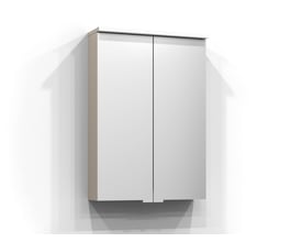 Svedbergs Sarek spejlskab i sand med to spejllåger og integreret LED-belysning, set lige forfra.