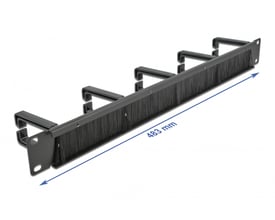 Delock 19" kabelstyringsbørsteliste i sort metal med 5 kroge til netværksskabet, vist med dimension 483 mm.