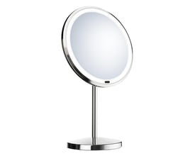 Beslagsboden sminkespejl med LED-lys, forkromet og bordstående med rund stålbase.
