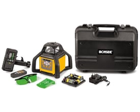 Ironside rotationslasersæt med grøn laser, modtager, fjernbetjening, laserbriller, batterier, oplader og sort etui.