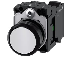 Siemens 22 mm trykknap i sort plast med en rund, flad hvid knap og synlige terminaler bagpå.