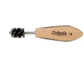 Unibrush rensebørste på 18 mm med sort børstehoved i rustfrit stål og et ovalt træskaft med Unipak logo og størrelse 18.