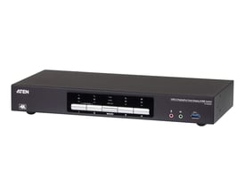 Sort ATEN CS1944DP KVMP-switch med fire porte, knapper og USB-, lyd- og DisplayPort-funktioner, set forfra.