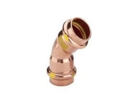 Viega 28 mm muffe/muffe presfitting til gasinstallationer, en 45 graders kobberbøjning med SC-Contur.