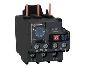 Schneider Electric TeSys D termorelæ LRD1514 i 7-10A indstillingsområde og klasse 20, med fokus på indstillingsskiven og reset-knap.