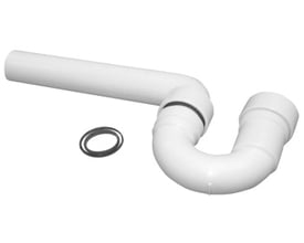 Geberit P-vandlås til køkkenvaske, 40 mm i hvid PP-plast med skruesamling og tætningsring på hvid baggrund.