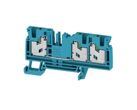 Nærbillede af Weidmüller S3C 4 BL gennemgangsklemme, der viser snap-in forbindelsen og de interne metalterminaler i den blå plastikklemme.