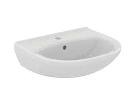 Nærbillede af Ideal Standard Alpha håndvask i hvid porcelæn, 500x430 mm, med buet forkant og overløbshul.