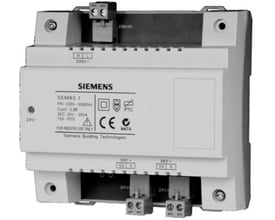 Siemens SEM62.1 transformer, 30VA, med 230VAC primær og 24VAC sekundær, egnet til DIN-skinne montering.