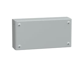 Schneider Electric klemkasse i metal, 200x300x80 mm, RAL 7035, vist fra siden med fire sølvskruer.
