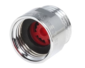 Broen Flowfix vandbegrænser i krom, viser den røde flowbegrænser indeni og 1/2" tilslutninger.