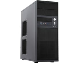 Sort Chieftec Mesh Series-miditowerkabinet set forfra og fra siden med mesh-front og USB-porte.