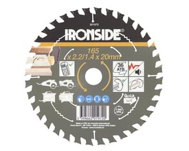 Ironside rundsavklinge på 165 mm med 36 tænder til træ med søm, vist forfra med specifikationer trykt på klingen.