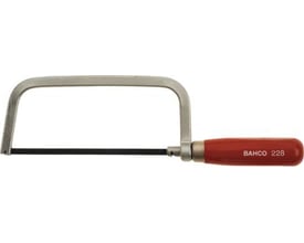 Bahco junior nedstrygerbue på 150 mm med el-forzinket stålbue og rødt lakeret træhåndtag med Bahco 228 logo.