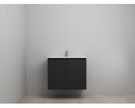 Sanibell Online møbelsæt i matsort med 2 låger og hvid porcelænsvask, vist monteret på væg.