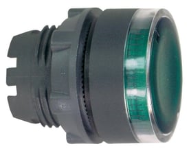 Nærbillede af Schneider Electric Harmony XB5 grønt lampetrykshoved, der viser den grønne LED-lyskilde og den plan trykflade.
