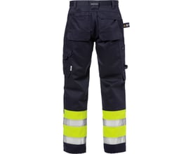 Kansas Flame bukser 125941, High-Vis kl.1 i gul/marine, str. C58, viser buksernes bagside med flere lommer og reflekser.