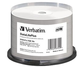 Verbatim DVD-R Azo med hvide, bredt printbare skiver på spindel; emballagen angiver 4,7 GB og 16x hastighed.
