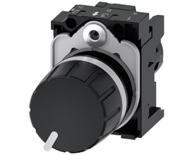 Siemens SIRIUS ACT kompakt potentiometer på 22 mm i sort plastik med sølvfarvet holder, set skråt forfra.