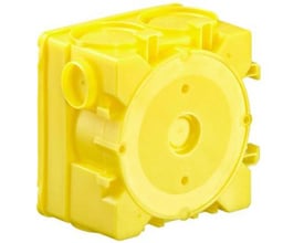 Kaiser beton dåse B2-system med en højde på 48,5 mm, fremstillet af gul plast med foruddefinerede indgange.