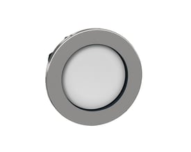 Schneider Electric ZB4F trykknaphoved i hvid med forsænket betjeningsflade og poleret metalramme, isoleret på hvid baggrund.