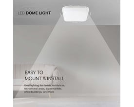Diagram der viser V-TAC LED kupelampens lysspredning, med tekst om nem montering og anvendelsesmuligheder.