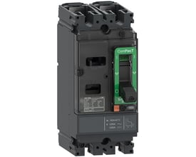 Schneider Electric ComPacT NSX 100M maksafbryder, 2-polet, 63A, med grønt betjeningshåndtag og 'OFF' markering.