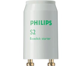Philips Ecoclick S2 glimtænder til 4-22W lysstofrør med magnetisk spole, hvid med grøn skrift.