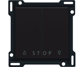 Niko tangent til jalousiafbryder i brun, med tydelige symboler for op, stop og ned på en hvid baggrund.