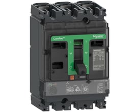 Schneider Electric ComPacT NSX100HB1 3-polet maksimalafbryder med en 100A mærkestrøm og MicroLogic 2.2 M-strømenhed, vist med håndtaget i OFF-position.