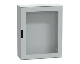 Schneider Electric vægskab 7035 poly i neutral grå, 1000x800x350mm, med integreret håndtag på fronten.