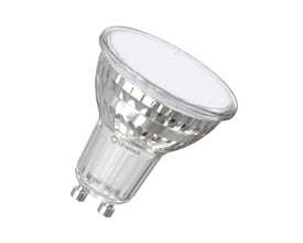 Ledvance dæmpbar LED PAR16-spotpære i klar glas, vist skråt med GU10-fatning og bred lysflade.