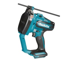 Makita akku stålstangsklipper 18V DSC102Z set fra siden, viser dens ergonomiske design og skærehoved med en stang klar til afkortning.