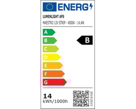 Energimærkat for Lumenlight Maestro 12V LED strip med 4000K og 14,4W, viser energiklasse B og 14 kWh/1000h.