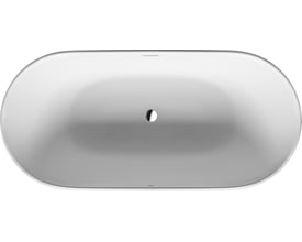 Oversigtsbillede fra oven af Duravit Luv badekar i hvid med synligt afløb i midten.