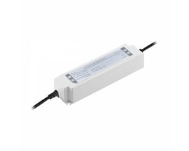 SpectrumLED strømforsyning på 100 W og 24 V DC med hvidt, aflangt kabinet og sorte kabler, IP67 og ikke dæmpbar.