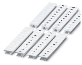 Detaljeret overblik over Phoenix Contact mærkeskilt ZB 6 i hvid polyamid, viser fortløbende numre og specialmærkninger på strimlerne.