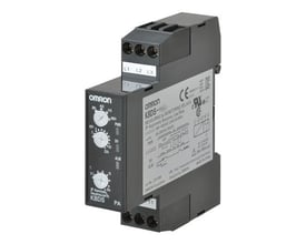 Omron K8DS-PA2 overvågningsrelæ på 17,5 mm bredde til 3-faset 380-480 VAC med knapper til indstilling af asymmetri, tidsforsinkelse og fejl.