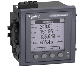 Schneider Electric PowerLogic PM5100 powermeter med tydelig grafisk display, der viser målinger som V, A, kW og MWh.